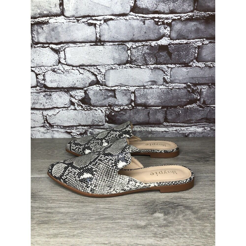 Maypie Ivory Black Snake Skin Print Pointed Toe Flats Mules Women Sz 7M US/38EU